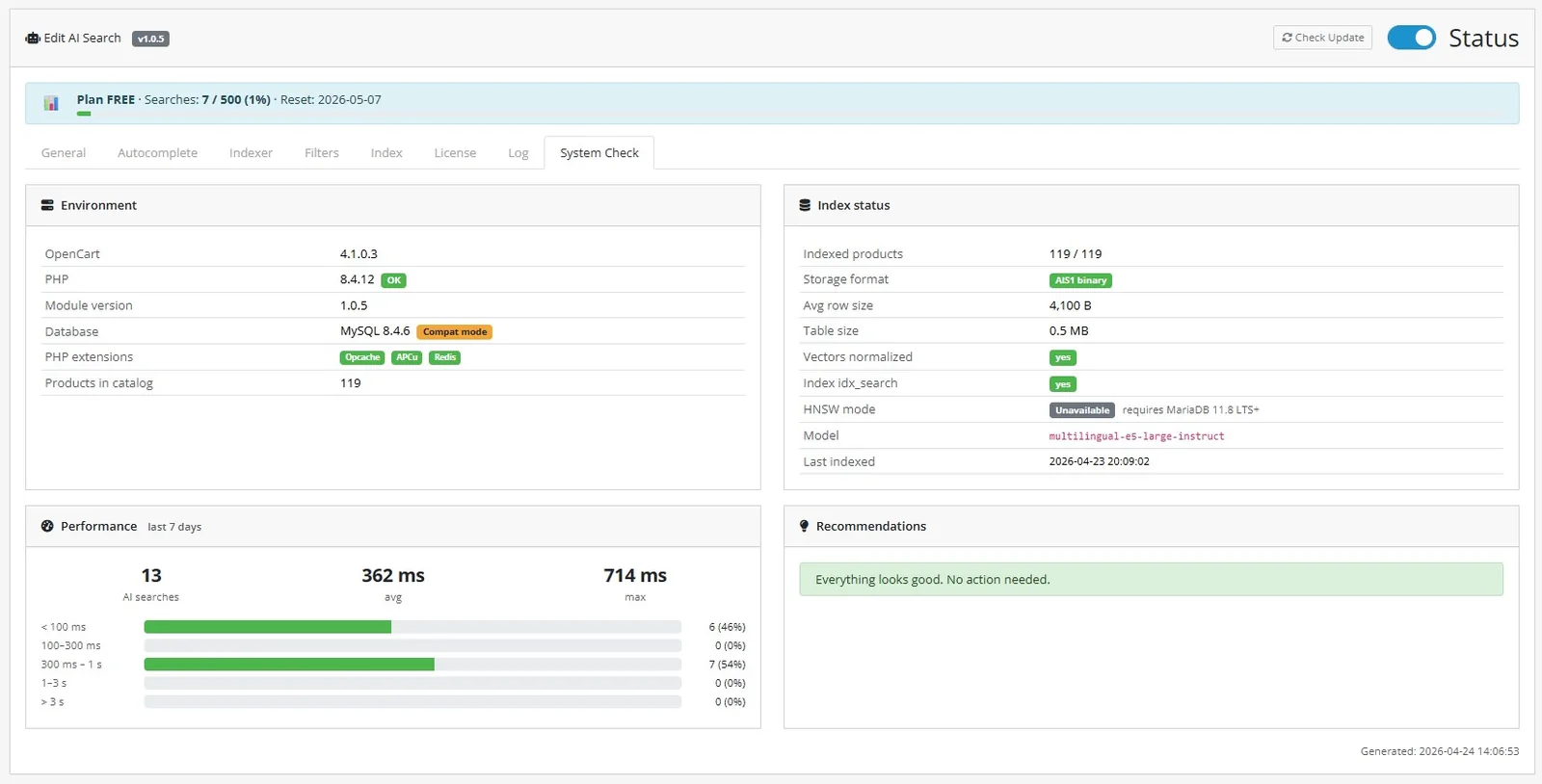 AI Search OpenCart module — System Check dashboard with environment, index status, and 7-day performance